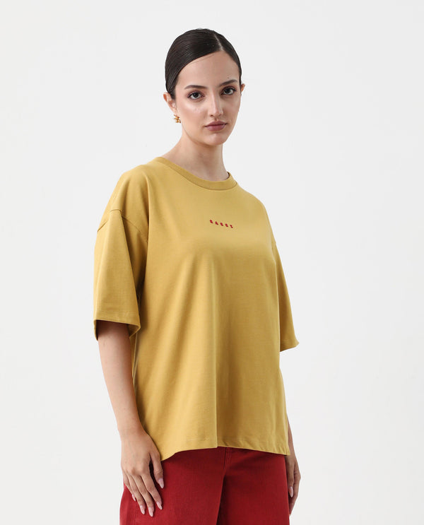 Rareism Women Voltz Yellow Pull On Closure Cotton Fabric Oversized Fit Regular Length Graphic Print T-Shirt