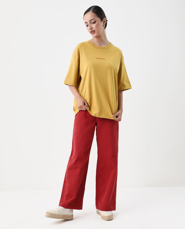 Rareism Women Voltz Yellow Pull On Closure Cotton Fabric Oversized Fit Regular Length Graphic Print T-Shirt
