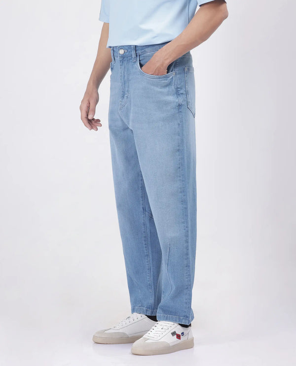 Rare Rabbit Men's Vort Light Blue Cotton Elastane Fabric Shank And Zip Closure Skater Fit Plain Jeans