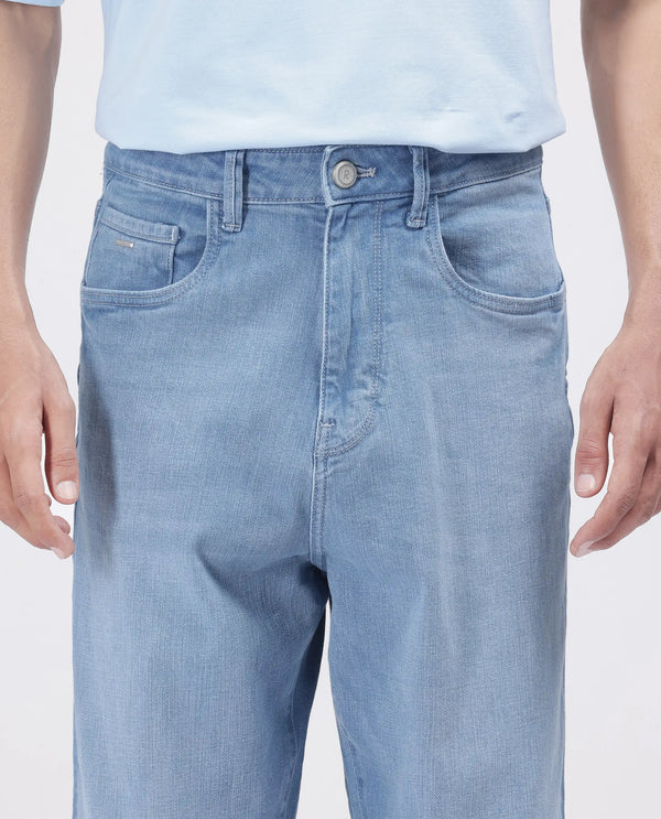 Rare Rabbit Men's Vort Light Blue Cotton Elastane Fabric Shank And Zip Closure Skater Fit Plain Jeans