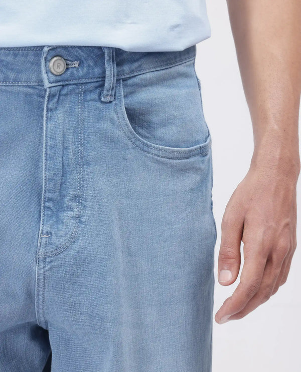 Rare Rabbit Men's Vort Light Blue Cotton Elastane Fabric Shank And Zip Closure Skater Fit Plain Jeans