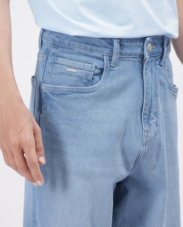 Rare Rabbit Men's Vort Light Blue Cotton Elastane Fabric Shank And Zip Closure Skater Fit Plain Jeans