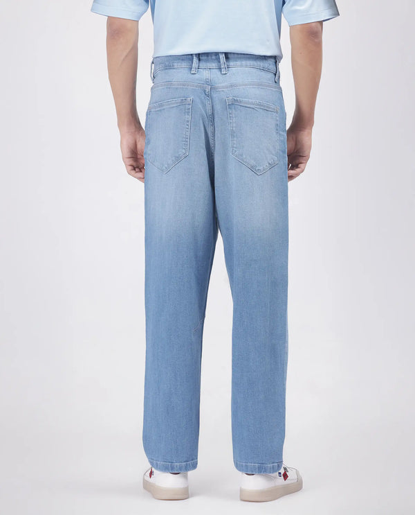 Rare Rabbit Men's Vort Light Blue Cotton Elastane Fabric Shank And Zip Closure Skater Fit Plain Jeans