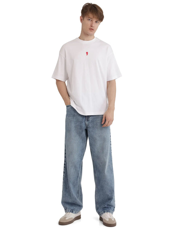 Rare Rabbit Men Voy White Cotton Fabric Short Sleeve Crew Neck Slip-On Oversized Fit Graphic Print T-Shirt