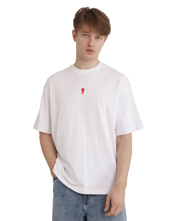 Rare Rabbit Men Voy White Cotton Fabric Short Sleeve Crew Neck Slip-On Oversized Fit Graphic Print T-Shirt