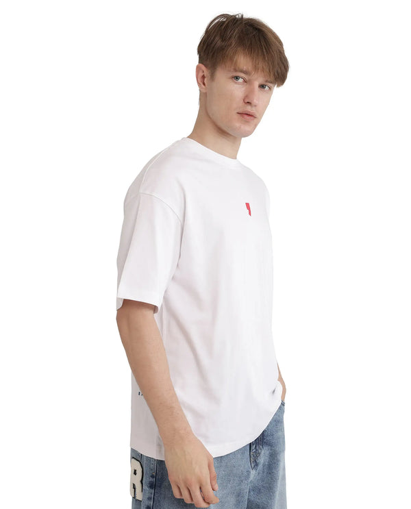 Rare Rabbit Men Voy White Cotton Fabric Short Sleeve Crew Neck Slip-On Oversized Fit Graphic Print T-Shirt
