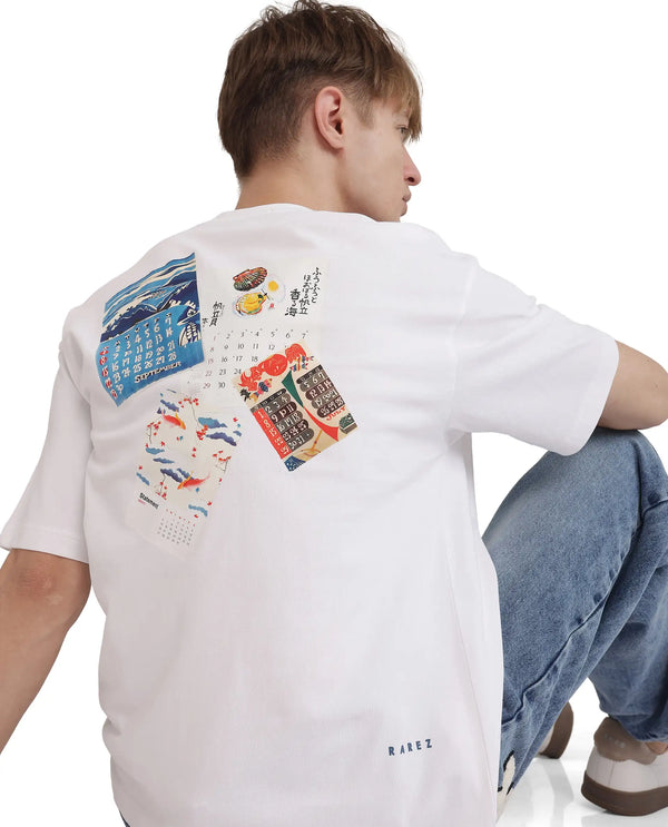 Rare Rabbit Men Voy White Cotton Fabric Short Sleeve Crew Neck Slip-On Oversized Fit Graphic Print T-Shirt