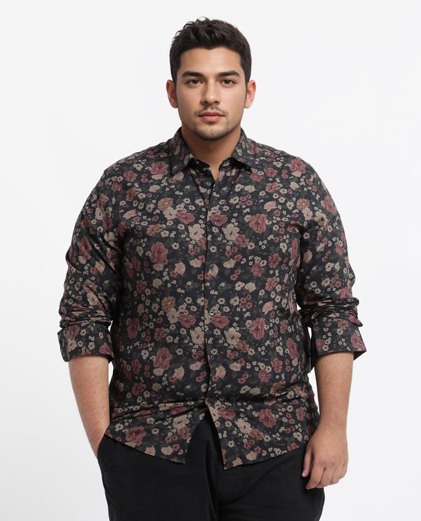 Rare Rabbit Men Vynill Black Viscose Fabric Full Sleeves Regular Fit Floral Print Shirt Plus Size