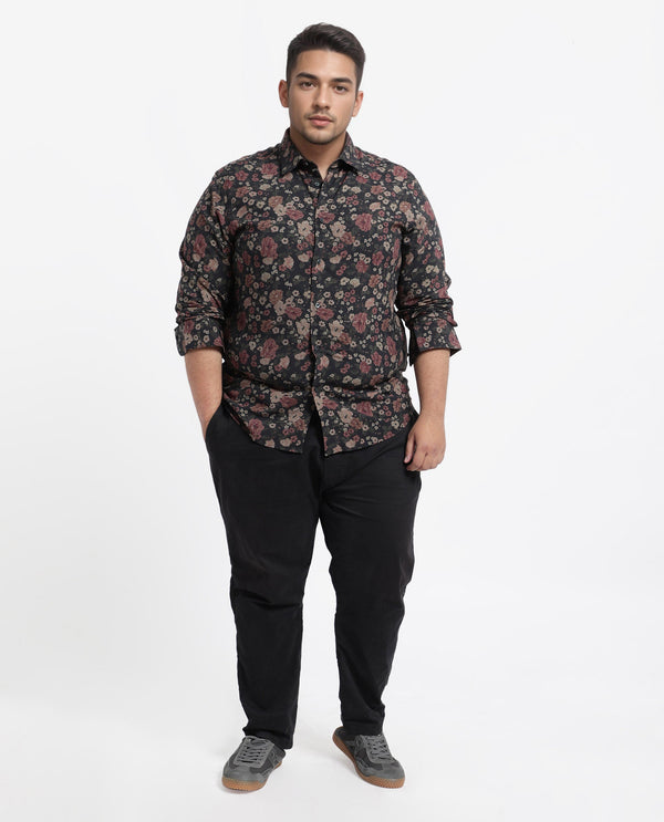 Rare Rabbit Men Vynill Black Viscose Fabric Full Sleeves Regular Fit Floral Print Shirt Plus Size