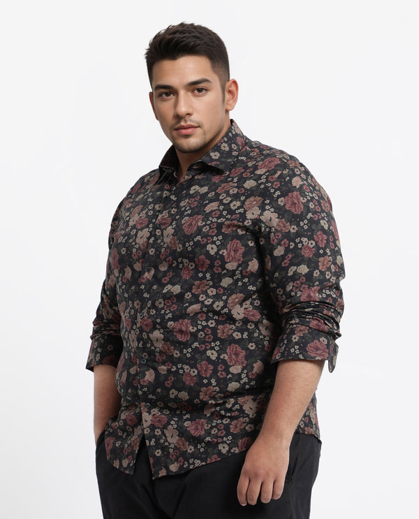 Rare Rabbit Men Vynill Black Viscose Fabric Full Sleeves Regular Fit Floral Print Shirt Plus Size
