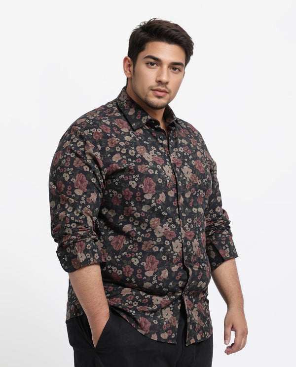 Rare Rabbit Men Vynill Black Viscose Fabric Full Sleeves Regular Fit Floral Print Shirt Plus Size