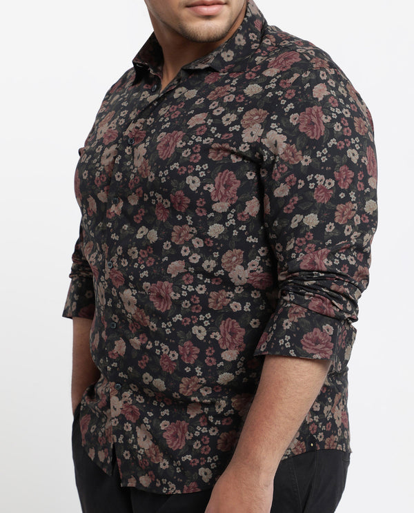 Rare Rabbit Men Vynill Black Viscose Fabric Full Sleeves Regular Fit Floral Print Shirt Plus Size