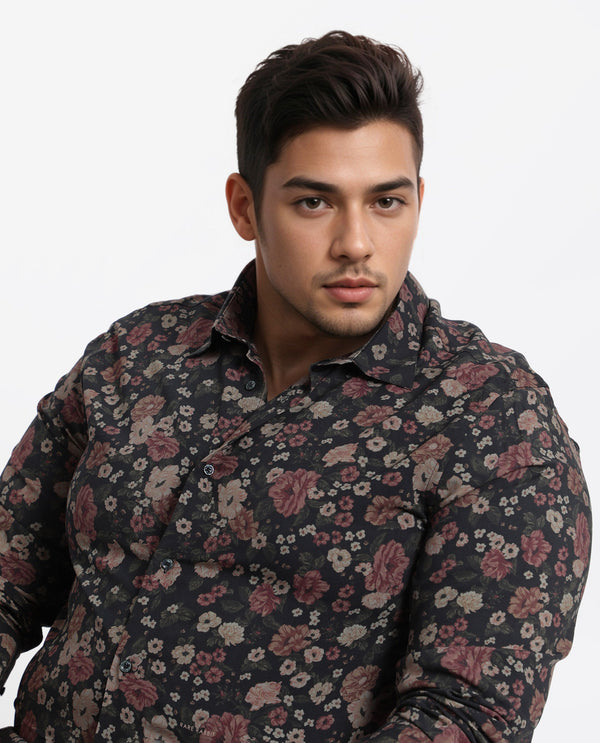 Rare Rabbit Men Vynill Black Viscose Fabric Full Sleeves Regular Fit Floral Print Shirt Plus Size