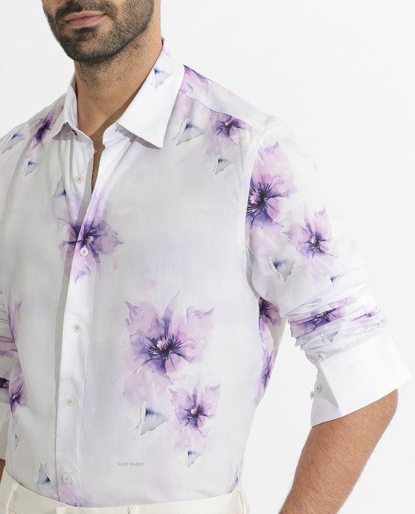 Rare Rabbit Men's Vendar White Viscose Fabric Floral Print Full Sleeves Shirt