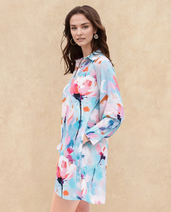 Rareism Women's Wadd Flouroscent Multi Cotton Blend Fabric Drop Collar  Full Sleeve Floral Print  Mini Dress