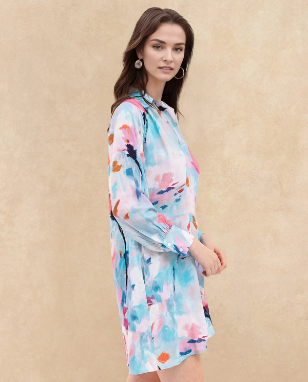Rareism Women's Wadd Flouroscent Multi Cotton Blend Fabric Drop Collar  Full Sleeve Floral Print  Mini Dress
