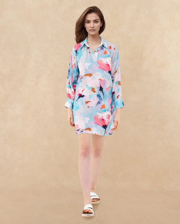 Rareism Women's Wadd Flouroscent Multi Cotton Blend Fabric Drop Collar  Full Sleeve Floral Print  Mini Dress