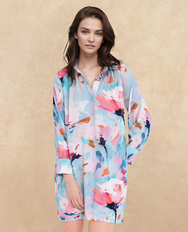 Rareism Women's Wadd Flouroscent Multi Cotton Blend Fabric Drop Collar  Full Sleeve Floral Print  Mini Dress
