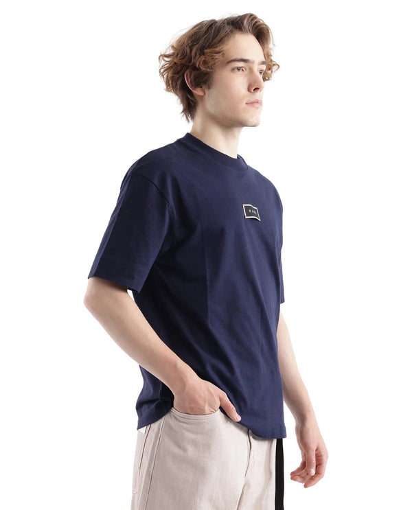 Rare Rabbit Men Wadet Navy Cotton Fabric Short Sleeve Boxy Fit Typography Back Printed T-Shirt