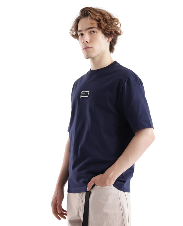 Rare Rabbit Men Wadet Navy Cotton Fabric Short Sleeve Boxy Fit Typography Back Printed T-Shirt