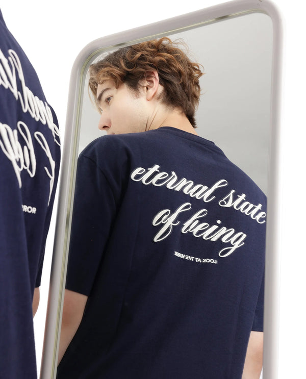 Rare Rabbit Men Wadet Navy Cotton Fabric Short Sleeve Boxy Fit Typography Back Printed T-Shirt
