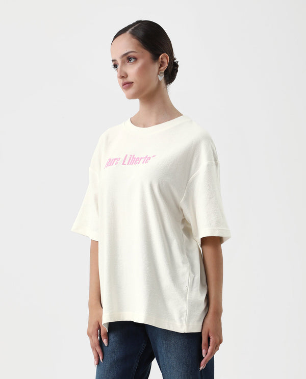 Rareism Women Wahre Off White Pull On Closure Cotton Oversized Regular Graphic Print T-Shirt