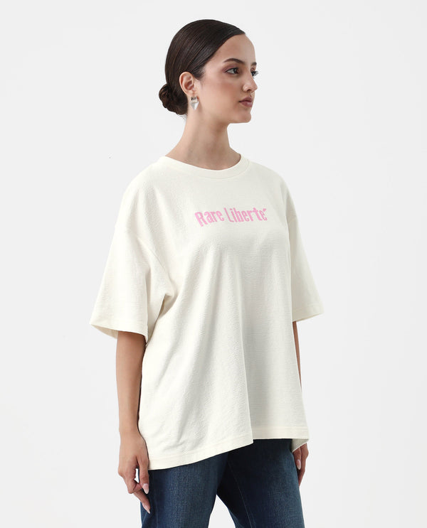 Rareism Women Wahre Off White Pull On Closure Cotton Oversized Regular Graphic Print T-Shirt