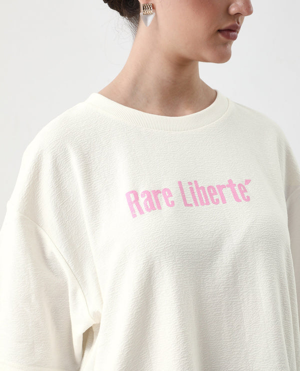 Rareism Women Wahre Off White Pull On Closure Cotton Oversized Regular Graphic Print T-Shirt