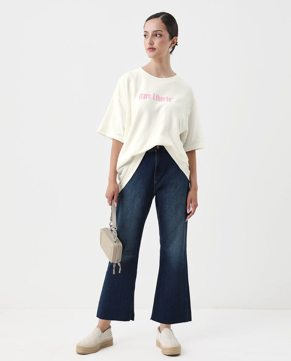 Rareism Women Wahre Off White Pull On Closure Cotton Oversized Regular Graphic Print T-Shirt