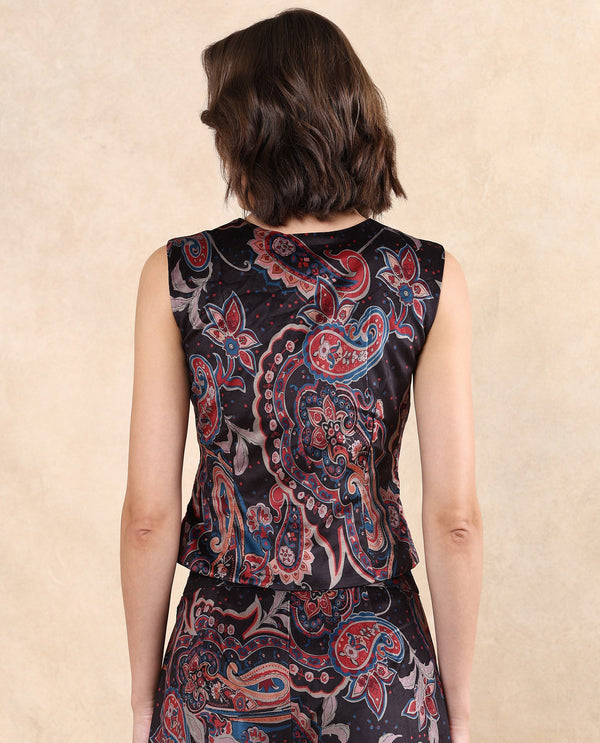 Rareism Women Remen Multi Velvet Sleeveless V-Neck Button Closure Fitted Paisley Print Waist Coat