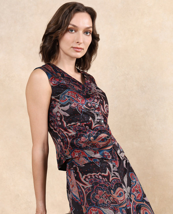 Rareism Women Remen Multi Velvet Sleeveless V-Neck Button Closure Fitted Paisley Print Waist Coat