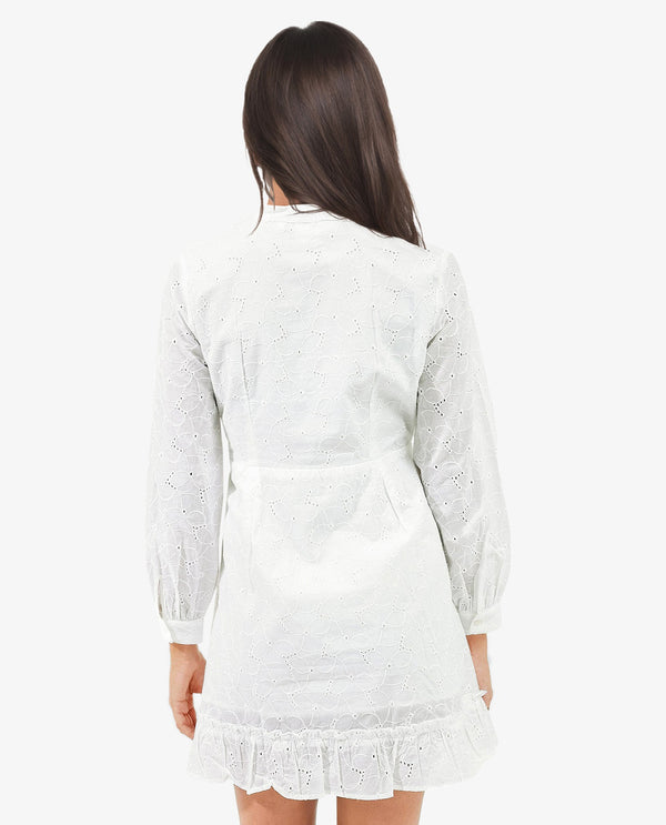 Rareism Women's Walder White Cotton Fabric V-Neck Button Closure Bishop Sleeve Plain A-Line Mini Dress
