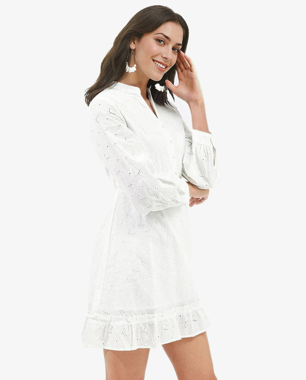 Rareism Women's Walder White Cotton Fabric V-Neck Button Closure Bishop Sleeve Plain A-Line Mini Dress
