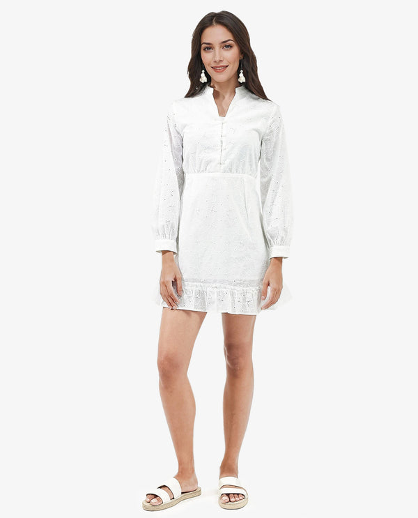 Rareism Women's Walder White Cotton Fabric V-Neck Button Closure Bishop Sleeve Plain A-Line Mini Dress