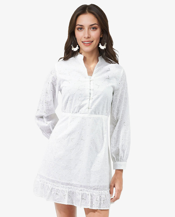 Rareism Women's Walder White Cotton Fabric V-Neck Button Closure Bishop Sleeve Plain A-Line Mini Dress