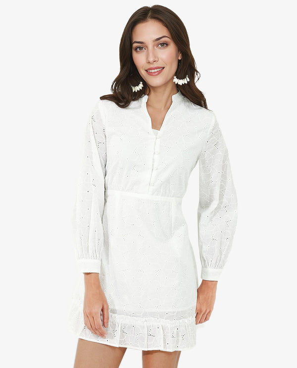 Rareism Women's Walder White Cotton Fabric V-Neck Button Closure Bishop Sleeve Plain A-Line Mini Dress