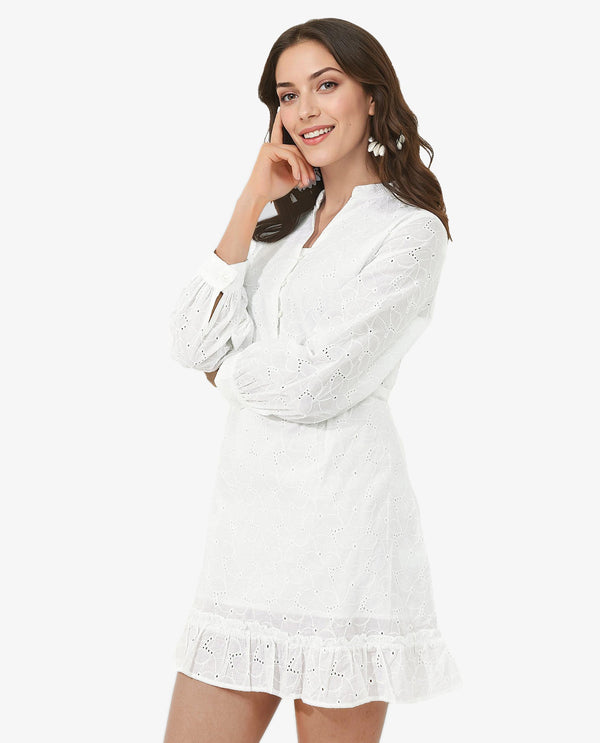 Rareism Women's Walder White Cotton Fabric V-Neck Button Closure Bishop Sleeve Plain A-Line Mini Dress