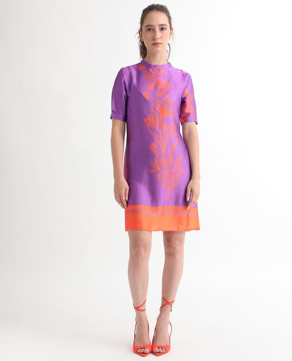 Rareism Women Walker Purple Polyester Fabric Short Sleeves Zip Closure High Neck Regular Fit Floral Print Short Boxy Dress
