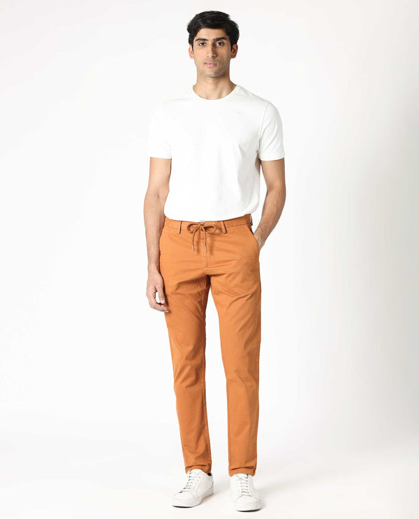 Rare Rabbit Men's Waters Orange Mid-Risewith Drawstring And Elastic Waistband Slim Fit Trouser