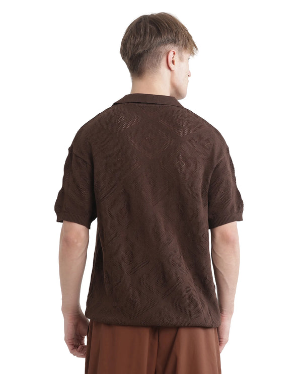 Rare Rabbit Men Wats Brown Cotton Fabric Short Sleeve Cuban Collared Button Closure Knitted Plain Shirt