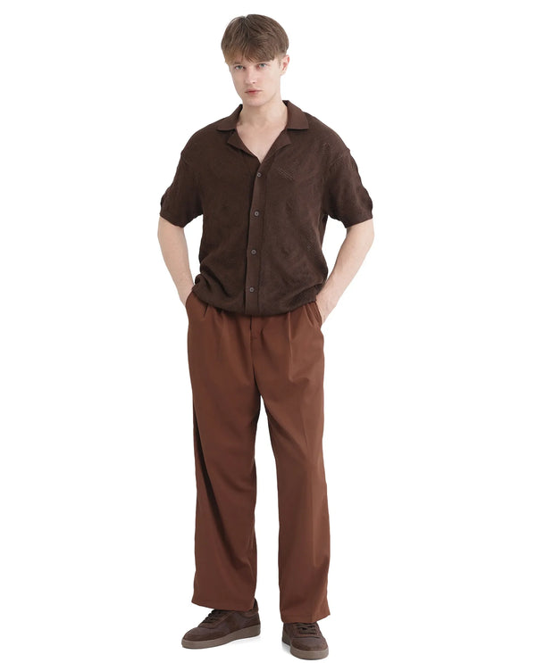 Rare Rabbit Men Wats Brown Cotton Fabric Short Sleeve Cuban Collared Button Closure Knitted Plain Shirt