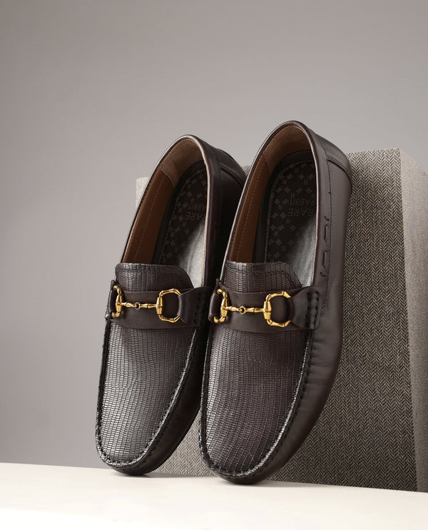 Rare Rabbit Men's Wave Pro Brown Genuine Leather Plated Slip-On Driving Moccasins