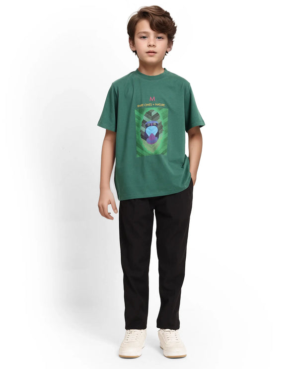 Rare Ones Kids Well Green Cotton Half Sleeves Regular Crew Neck Graphic Print T-Shirt
