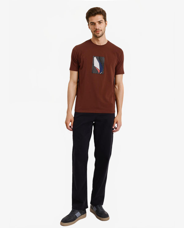 Rare Rabbit Men Well Rust Cotton Lycra Fabric Short Sleeve Crew Neck Regular Fit Graphic Chest Print T-Shirt
