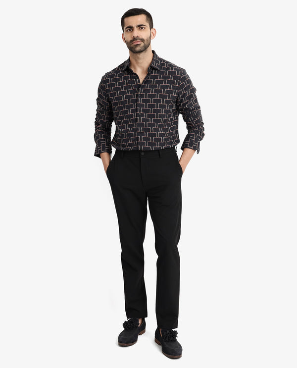 Rare Rabbit Men Wels Black Viscose Fabric Full Sleeve Regular Fit Geometric Print Shirt