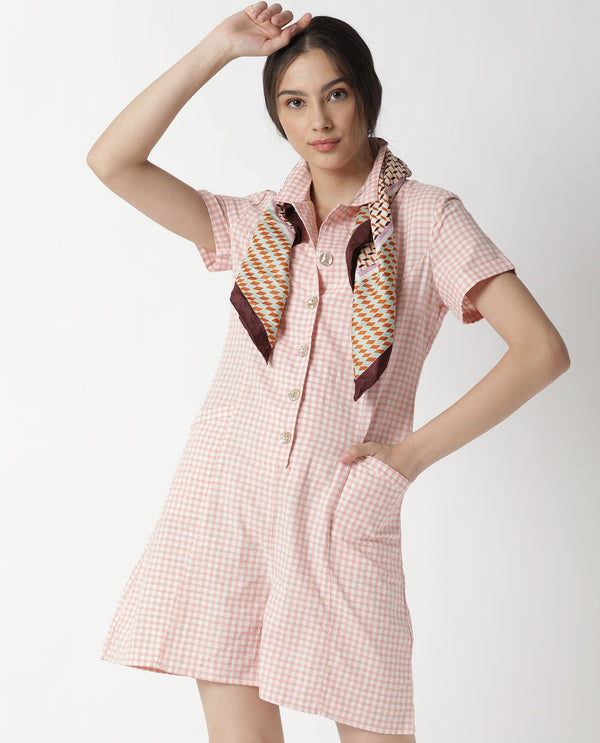 Rareism Women Welt Light Peach Cotton Linen Fabric Regular Fit Lapel Neck Checked Playsuit