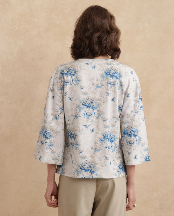 Rareism Women Wemiso Dusky Blue Bell Seeves Tie Up Neck Regular Fit Floral Print Top