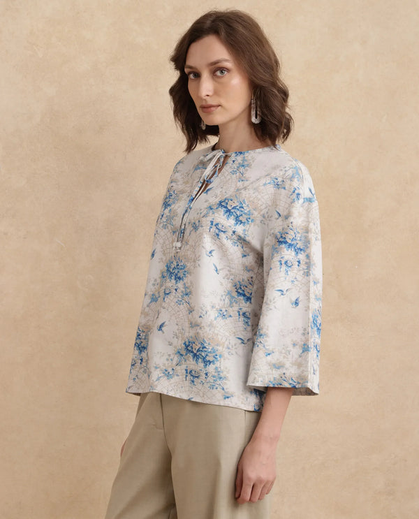 Rareism Women Wemiso Dusky Blue Bell Seeves Tie Up Neck Regular Fit Floral Print Top