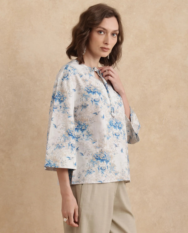 Rareism Women Wemiso Dusky Blue Bell Seeves Tie Up Neck Regular Fit Floral Print Top