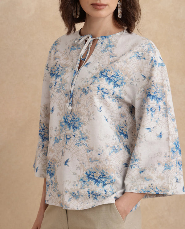 Rareism Women Wemiso Dusky Blue Bell Seeves Tie Up Neck Regular Fit Floral Print Top